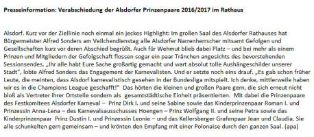Verabschiedung der Alsdorfer Prinzenpaare 2016/2017 im Rathaus